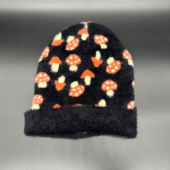 Mushroom Beanie Winter Sock Hat Fuzzy Childs One Size Kids Orange Black - Picture 2 of 8